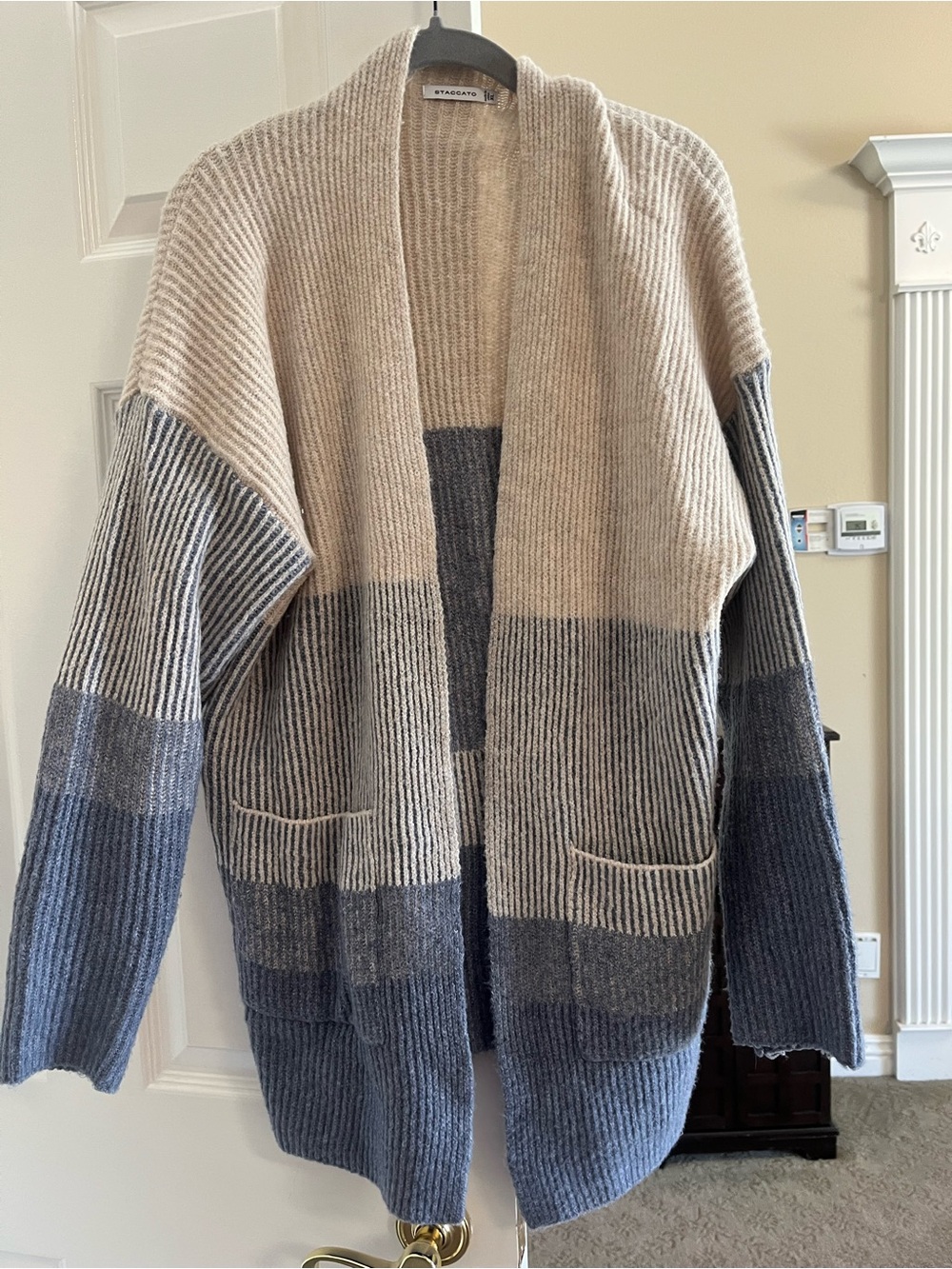 Staccato Beige and Blue Open Front Colorblock Cardigan